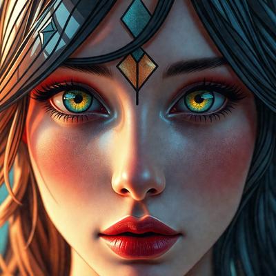 The primary subject of the image is a woman with blue eyes, red lips, and a blue and yellow headband. She is wearing makeup and has a blue and yellow headband on her head. The setting is a digital art or illustration, with a vibrant and colorful atmosphere. The visual style is a combination of realism and fantasy, with the woman's unique appearance and the use of bright colors to create a captivating and eye-catching image.